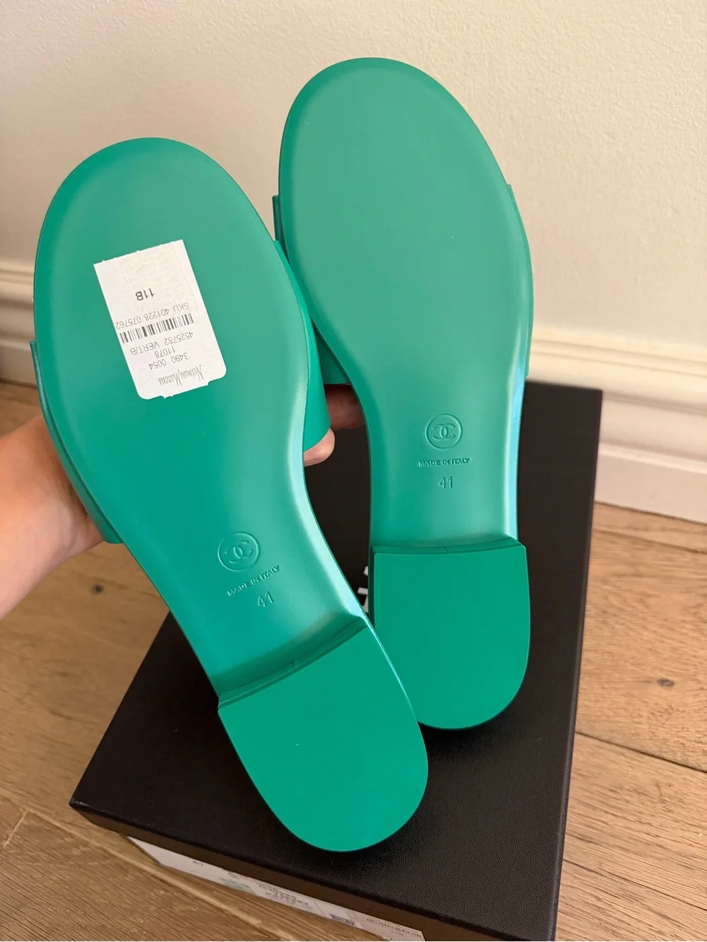 CHANEL Green Slide Sandals with White Logo Panel